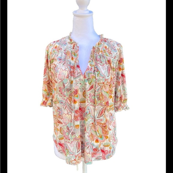 Melloday NWT Boho Short Sleeve Small Smocked Top Size Small - Picture 1 of 6